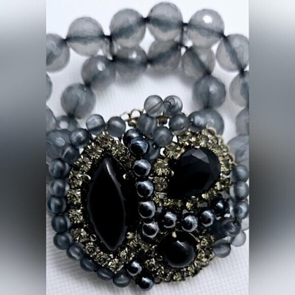 Black Stretch Bracelet with Rhinestones on Smoky Acrylic Beads - Picture 6 of 6